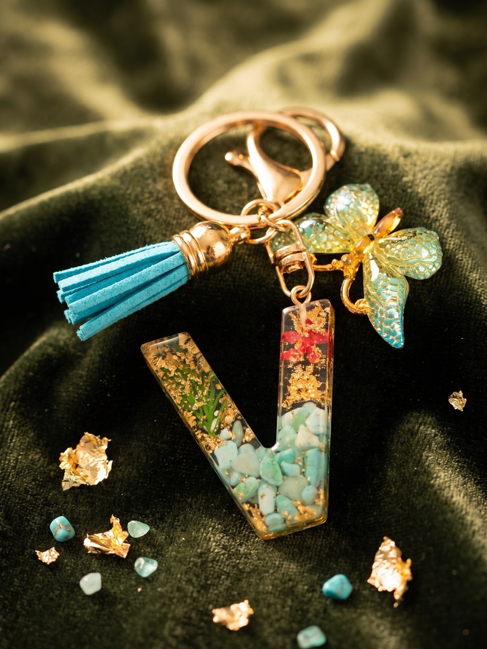 V Initial Keychain for Women – Butterfly Tassel Pendant, Cute Bag & Car Key Ring